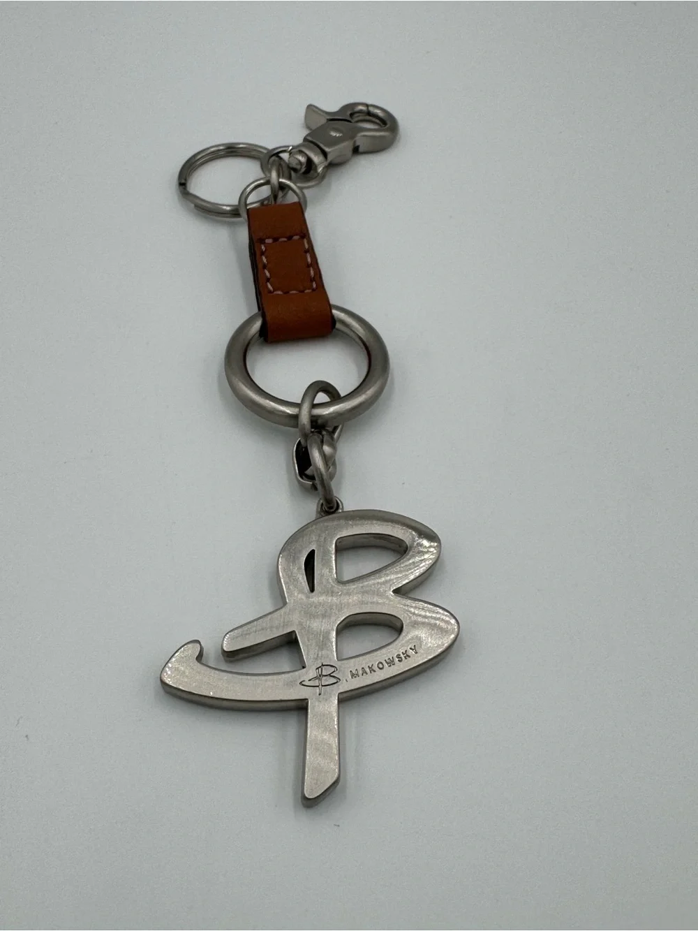 b. makowsky Tan Leather & Silver-Tone Monogram Keychain / Bag Charm